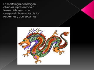 La morfología del dragón
chino es representada a
través del color , con
cuerpos similares a los de las
serpientes y con escamas
 
