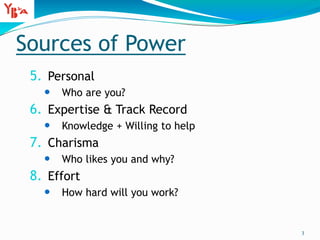 Sources of Power
5. Personal
 Who are you?
6. Expertise & Track Record
 Knowledge + Willing to help
7. Charisma
 Who likes you and why?
8. Effort
 How hard will you work?
3
 