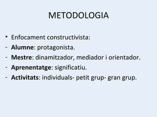 METODOLOGIA Enfocament constructivista: Alumne : protagonista. Mestre : dinamitzador, mediador i orientador. Aprenentatge : significatiu. Activitats : individuals- petit grup- gran grup. 