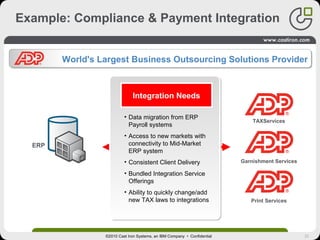 32
Example: Compliance & Payment Integration
ERP
TAXServices
Garnishment Services
Print Services
Integration Needs
• Data migration from ERP
Payroll systems
• Access to new markets with
connectivity to Mid-Market
ERP system
• Consistent Client Delivery
• Bundled Integration Service
Offerings
• Ability to quickly change/add
new TAX laws to integrations
©2010 Cast Iron Systems, an IBM Company • Confidential
World's Largest Business Outsourcing Solutions Provider
 