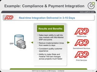 33
Results and Benefits
• Sales team ability to sell into
new markets with Mid-Market
ERP end points
• Reduce implementation times
from weeks to days
• Consistent quality customer
experience
• Ability to make State and
Federal TAX law changes
across projects much faster
Example: Compliance & Payment Integration
©2010 Cast Iron Systems, an IBM Company • Confidential
Real-time Integration Delivered in 3-15 Days
ERP
TAXServices
Garnishment Services
Print Services
 