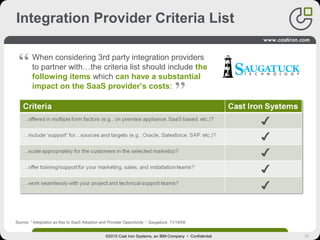 35
Integration Provider Criteria List
Source: “ Integration as Key to SaaS Adoption and Provider Opportunity “, Saugatuck, 11/18/09
When considering 3rd party integration providers
to partner with…the criteria list should include the
following items which can have a substantial
impact on the SaaS provider’s costs:
©2010 Cast Iron Systems, an IBM Company • Confidential
 