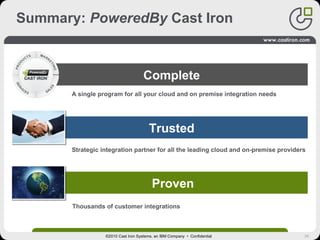 36
Summary: PoweredBy Cast Iron
©2010 Cast Iron Systems, an IBM Company • Confidential
Trusted
Strategic integration partner for all the leading cloud and on-premise providers
Proven
Thousands of customer integrations
Complete
A single program for all your cloud and on premise integration needs
 