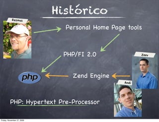 Histórico
           Rasmus

                              Personal Home Page tools



                             PHP/FI 2.0                Zeev




                                Zend Engine
                                                Andi




         PHP: Hypertext Pre-Processor

Friday, November 27, 2009
 