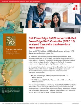 Dell PowerEdge C6620 server with Dell
PowerEdge RAID Controller (PERC 12)
analyzed Cassandra database data
more quickly
than an HPE ProLiant XL170r Gen9 server with an HPE
Smart Array P440ar controller
As the speed of business accelerates, catching anomalies in data
requires quick access to and analysis of collected data. Organizations
using Apache®
Cassandra®
distributed database workloads can improve
performance—and put detailed insights into the hands of decision
makers earlier—by selecting the right hardware platform.
At Principled Technologies, we used Yahoo Cloud Serving Benchmark
(YCSB) workload B to measure read-intensive Apache Cassandra
distributed database performance of two server solutions in
virtualized environments:
• A Dell™
PowerEdge™
C6620 server with a Dell PERC 12
RAID controller
• An HPE ProLiant XL170r Gen9 server with an HPE Smart Array
P440ar controller
The PowerEdge C6620 server featuring the Dell PERC 12 RAID controller
delivered 2.1 times as many YCSB operations per second as the HPE
solution with 60.2 percent lower application latency. A hardware solution
that can process operations at a speedier pace lets you catch anomalies
sooner, which can lead to better business decisions.
Process more data
2.1 times the YCSB
operations per second*
Image provided by Dell1
*Dell PowerEdge C6620 server with a
Dell PERC 12 vs. HPE ProLiant XL170r
Gen9 server with an HPE Smart Array
P440ar controller
January 2023
Dell PowerEdge C6620 server with Dell PowerEdge RAID Controller (PERC 12) analyzed Cassandra database data more quickly
A Principled Technologies report: Hands-on testing. Real-world results.
 