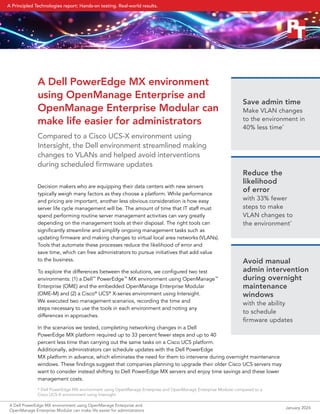 A Dell PowerEdge MX environment
using OpenManage Enterprise and
OpenManage Enterprise Modular can
make life easier for administrators
Compared to a Cisco UCS-X environment using
Intersight, the Dell environment streamlined making
changes to VLANs and helped avoid interventions
during scheduled firmware updates
Decision makers who are equipping their data centers with new servers
typically weigh many factors as they choose a platform. While performance
and pricing are important, another less obvious consideration is how easy
server life cycle management will be. The amount of time that IT staff must
spend performing routine server management activities can vary greatly
depending on the management tools at their disposal. The right tools can
significantly streamline and simplify ongoing management tasks such as
updating firmware and making changes to virtual local area networks (VLANs).
Tools that automate these processes reduce the likelihood of error and
save time, which can free administrators to pursue initiatives that add value
to the business.
To explore the differences between the solutions, we configured two test
environments: (1) a Dell™
PowerEdge™
MX environment using OpenManage™
Enterprise (OME) and the embedded OpenManage Enterprise Modular
(OME-M) and (2) a Cisco®
UCS®
X-series environment using Intersight.
We executed two management scenarios, recording the time and
steps necessary to use the tools in each environment and noting any
differences in approaches.
In the scenarios we tested, completing networking changes in a Dell
PowerEdge MX platform required up to 33 percent fewer steps and up to 40
percent less time than carrying out the same tasks on a Cisco UCS platform.
Additionally, administrators can schedule updates with the Dell PowerEdge
MX platform in advance, which eliminates the need for them to intervene during overnight maintenance
windows. These findings suggest that companies planning to upgrade their older Cisco UCS servers may
want to consider instead shifting to Dell PowerEdge MX servers and enjoy time savings and these lower
management costs.
Save admin time
Make VLAN changes
to the environment in
40% less time*
Reduce the
likelihood
of error
with 33% fewer
steps to make
VLAN changes to
the environment*
Avoid manual
admin intervention
during overnight
maintenance
windows
with the ability
to schedule
firmware updates
* Dell PowerEdge MX environment using OpenManage Enterprise and OpenManage Enterprise Modular compared to a
Cisco UCS-X environment using Intersight
A Dell PowerEdge MX environment using OpenManage Enterprise and
OpenManage Enterprise Modular can make life easier for administrators
January 2024
A Principled Technologies report: Hands-on testing. Real-world results.
 