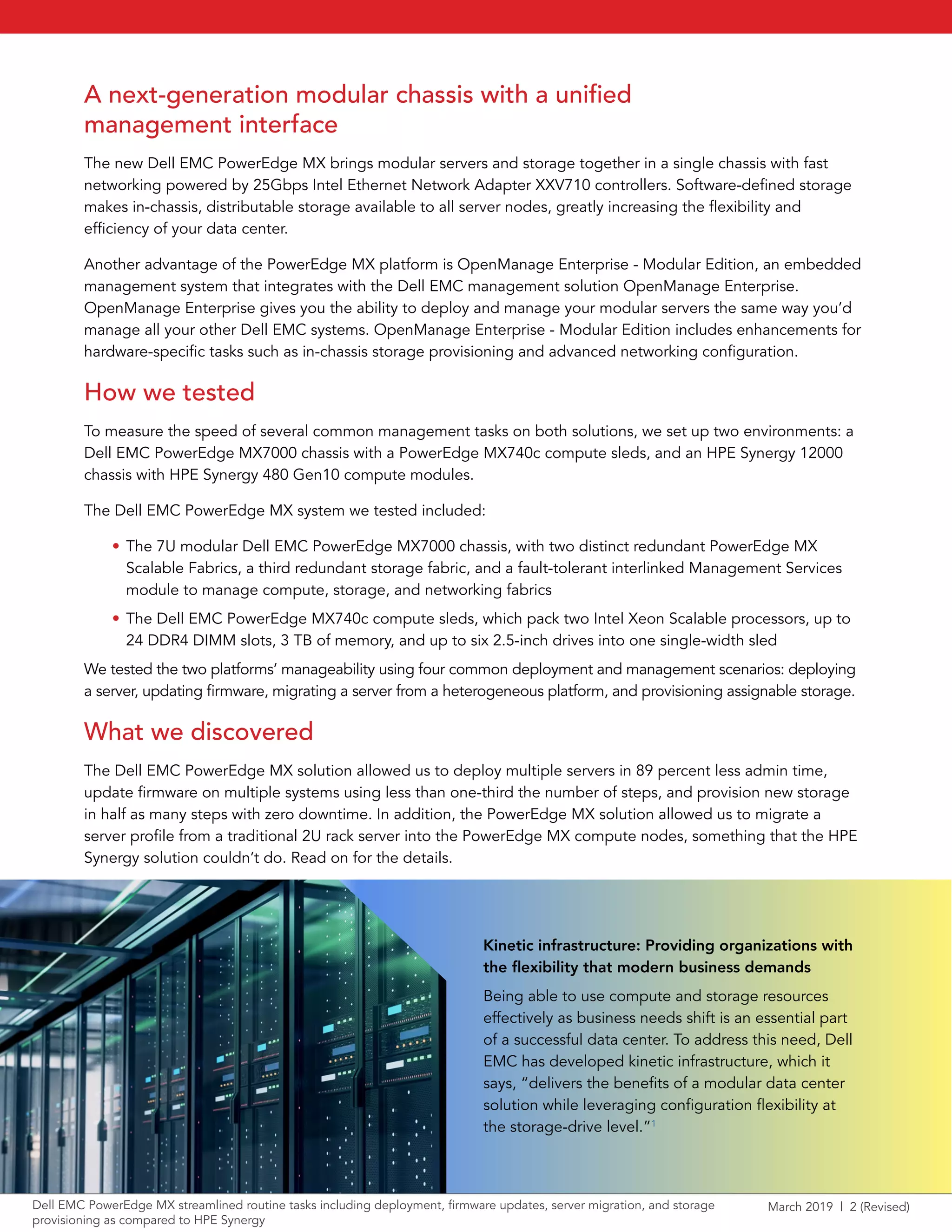 March 2019 | 2 (Revised)Dell EMC PowerEdge MX streamlined routine tasks including deployment, firmware updates, server migration, and storage
provisioning as compared to HPE Synergy
A next-generation modular chassis with a unified
management interface
The new Dell EMC PowerEdge MX brings modular servers and storage together in a single chassis with fast
networking powered by 25Gbps Intel Ethernet Network Adapter XXV710 controllers. Software-defined storage
makes in-chassis, distributable storage available to all server nodes, greatly increasing the flexibility and
efficiency of your data center.
Another advantage of the PowerEdge MX platform is OpenManage Enterprise - Modular Edition, an embedded
management system that integrates with the Dell EMC management solution OpenManage Enterprise.
OpenManage Enterprise gives you the ability to deploy and manage your modular servers the same way you’d
manage all your other Dell EMC systems. OpenManage Enterprise - Modular Edition includes enhancements for
hardware-specific tasks such as in-chassis storage provisioning and advanced networking configuration.
How we tested
To measure the speed of several common management tasks on both solutions, we set up two environments: a
Dell EMC PowerEdge MX7000 chassis with a PowerEdge MX740c compute sleds, and an HPE Synergy 12000
chassis with HPE Synergy 480 Gen10 compute modules.
The Dell EMC PowerEdge MX system we tested included:
• 	The 7U modular Dell EMC PowerEdge MX7000 chassis, with two distinct redundant PowerEdge MX
Scalable Fabrics, a third redundant storage fabric, and a fault-tolerant interlinked Management Services
module to manage compute, storage, and networking fabrics
• 	The Dell EMC PowerEdge MX740c compute sleds, which pack two Intel Xeon Scalable processors, up to
24 DDR4 DIMM slots, 3 TB of memory, and up to six 2.5-inch drives into one single-width sled
We tested the two platforms’ manageability using four common deployment and management scenarios: deploying
a server, updating firmware, migrating a server from a heterogeneous platform, and provisioning assignable storage.
What we discovered
The Dell EMC PowerEdge MX solution allowed us to deploy multiple servers in 89 percent less admin time,
update firmware on multiple systems using less than one-third the number of steps, and provision new storage
in half as many steps with zero downtime. In addition, the PowerEdge MX solution allowed us to migrate a
server profile from a traditional 2U rack server into the PowerEdge MX compute nodes, something that the HPE
Synergy solution couldn’t do. Read on for the details.
Kinetic infrastructure: Providing organizations with
the flexibility that modern business demands
Being able to use compute and storage resources
effectively as business needs shift is an essential part
of a successful data center. To address this need, Dell
EMC has developed kinetic infrastructure, which it
says, “delivers the benefits of a modular data center
solution while leveraging configuration flexibility at
the storage-drive level.”1
 