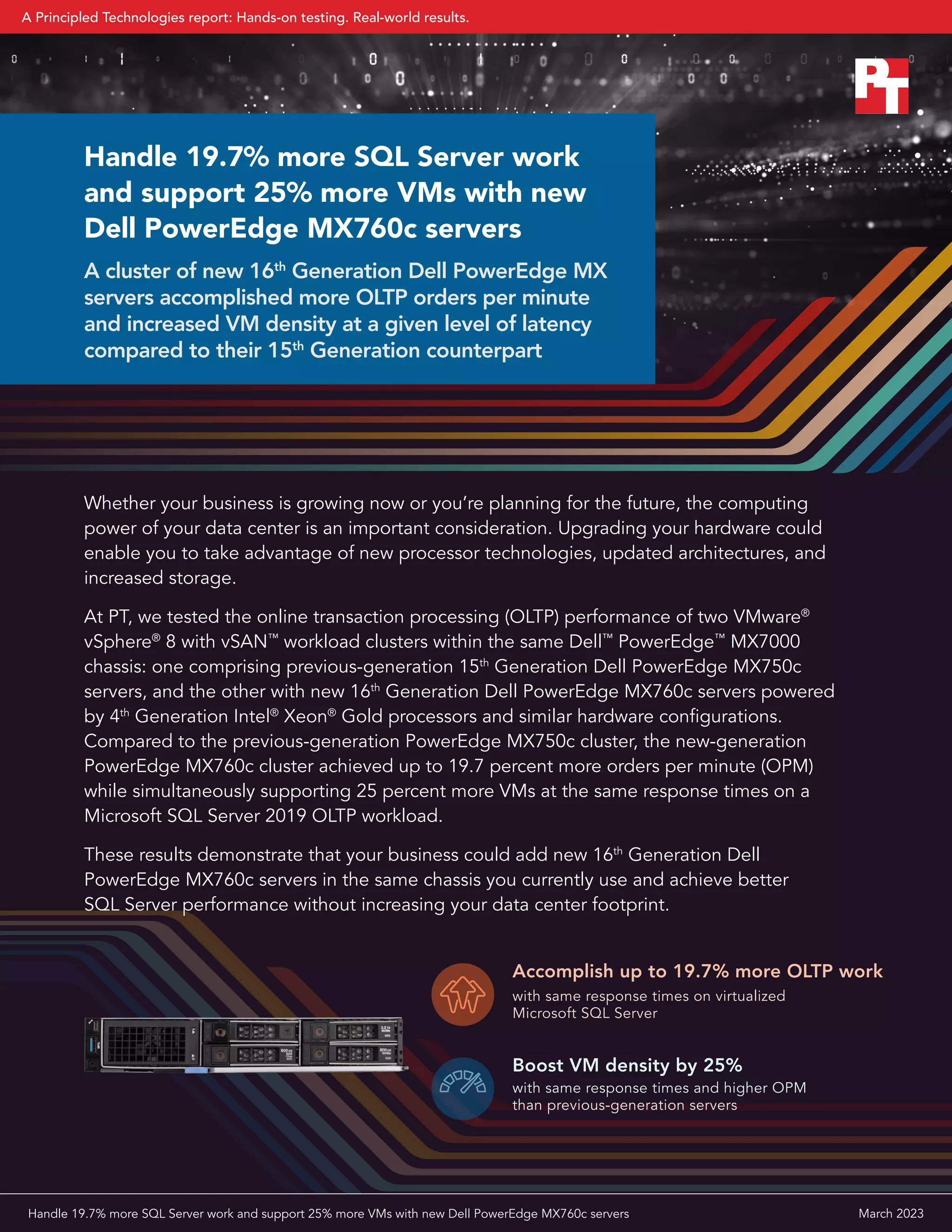 Whether your business is growing now or you’re planning for the future, the computing
power of your data center is an important consideration. Upgrading your hardware could
enable you to take advantage of new processor technologies, updated architectures, and
increased storage.
At PT, we tested the online transaction processing (OLTP) performance of two VMware®
vSphere®
8 with vSAN™
workload clusters within the same Dell™
PowerEdge™
MX7000
chassis: one comprising previous-generation 15th
Generation Dell PowerEdge MX750c
servers, and the other with new 16th
Generation Dell PowerEdge MX760c servers powered
by 4th
Generation Intel®
Xeon®
Gold processors and similar hardware configurations.
Compared to the previous-generation PowerEdge MX750c cluster, the new-generation
PowerEdge MX760c cluster achieved up to 19.7 percent more orders per minute (OPM)
while simultaneously supporting 25 percent more VMs at the same response times on a
Microsoft SQL Server 2019 OLTP workload.
These results demonstrate that your business could add new 16th
Generation Dell
PowerEdge MX760c servers in the same chassis you currently use and achieve better
SQL Server performance without increasing your data center footprint.
Handle 19.7% more SQL Server work
and support 25% more VMs with new
Dell PowerEdge MX760c servers
A cluster of new 16th
Generation Dell PowerEdge MX
servers accomplished more OLTP orders per minute
and increased VM density at a given level of latency
compared to their 15th
Generation counterpart
Boost VM density by 25%
with same response times and higher OPM
than previous-generation servers
Accomplish up to 19.7% more OLTP work
with same response times on virtualized
Microsoft SQL Server
Handle 19.7% more SQL Server work and support 25% more VMs with new Dell PowerEdge MX760c servers March 2023
A Principled Technologies report: Hands-on testing. Real-world results.
 