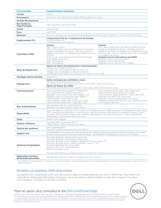 Fonctionnalité                                  Caractéristiques techniques
   Format                                          Rack 1U
   Processeurs                                     Processeurs Intel® Xeon® séries 5500 et 5600 à quatre ou six cœurs
   Sockets de processeur                           2
   Bus frontal ou                                  Intel® QuickPath Interconnect (QPI)
   HyperTransport
   Cache                                           Jusqu’à 12 Mo
   Puce                                            Intel® 5500
   Mémoire1                                        Maximum de 128 Go de mémoire DDR3 (8 emplacements DIMM) jusqu’à 1 333 MHz à 1 Go/2 Go/4 Go/8 Go/16 Go
                                                   1 emplacement PCIe G2 + 1 emplacement de stockage :
   Emplacements E/S                                Un emplacement x16
                                                   Un emplacement de stockage x4
                                                   Internes :                                                                    Externes :
                                                   PERC H200 (6 Gbit/s)                                                          PERC H800 (6 Gbit/s) avec une mémoire cache de 512 Mo
                                                   PERC H700 (6 Gbit/s) avec une mémoire cache de 512 Mo                         équipée d’une batterie de secours ; mémoires cache non
                                                   équipée d’une batterie de secours ; mémoires cache non                        volatiles de 512 Mo et 1 Go équipées d’une batterie de secours
                                                   volatiles de 512 Mo et 1 Go équipées d’une batterie de secours                PERC 6/E avec mémoire cache de 256 ou 512 Mo, équipée
   Contrôleurs RAID                                SAS 6/iR                                                                      d’une batterie de secours
                                                   PERC 6/i avec une mémoire cache de 256 Mo équipée                             Adaptateurs de bus hôte externes (non RAID) :
                                                   d’une batterie de secours                                                     Adaptateur de bus hôte SAS 6 Gbit/s
                                                   PERC S100 (logiciel)                                                          Adaptateur de bus hôte SAS 5/E
                                                   PERC S300 (logiciel)                                                          Adaptateur de bus hôte SCSI PCIe LSI2032
                                                   Options de câble et de remplacement à chaud disponibles :
                                                   4 disques durs câblés de 3,5 po ou
   Baies de disques durs                           4 disques durs remplaçables à chaud de 3,5 po ou
                                                   4 disques durs remplaçables à chaud de 2,5 po et
                                                   Une baie de lecteur optique extra-plat pour DVD-ROM ou DVD+/-RW
   Stockage interne maximal                        Jusqu’à 8 To
                                                   Options de disques durs enfichables à chaud :
                                                   SSD SATA, SAS (10 000 tr/min) de 2,5 po
   Disques durs         1                          SAS (15 000 tr/min), SAS Nearline SAS (7 200 tr/min), SATA (7 200 tr/min) de 3,5 po
                                                   Options de disques durs câblés :
                                                   SAS (15 000, 10 000 tr/min), SAS Nearline (7 200 tr/min), SATA (7 200 tr/min) de 3,5 po
   Communications                                  Carte d’interface réseau Broadcom® NetXtreme® II                              Carte d’interface réseau Intel® 1 GbE à quatre ports
                                                   5716 Gigabit Ethernet intégrée à deux ports                                   Carte d’interface réseau Broadcom® 10 GbE
                                                   Adaptateur serveur à deux ports Intel® Gigabit ET et                          Carte d’interface réseau Broadcom® 1 GbE à deux ports
                                                   adaptateur serveur à quatre ports Intel® Gigabit ET                           Adaptateur Brocade® CNA à deux ports
                                                   Carte d’interface réseau Intel® 10 GbE                                        Adaptateurs de bus hôte Brocade® FC4 et 8 Go
                                                   Carte d’interface réseau Intel® 1 GbE à port unique                           Adaptateur vertical OCE10102-IX-D pour adaptateur de bus
                                                   Carte d’interface réseau Intel® 1 GbE à deux ports                            hôte Emulex® CNA iSCSI
                                                   Non redondant, 480 W (+ de 80, BRONZE)
   Bloc d’alimentation                             Redondant en option, 500 W (+ de 80, GOLD)
                                                   Voyant de diagnostic Quad-pack LED ou écran LCD de diagnostic avec châssis de disque dur remplaçable à chaud ; puce
                                                   TPM ; disques durs remplaçables à chaud en option ; bloc d’alimentation redondant et remplaçable à chaud en option ;
   Disponibilité                                   contrôleur PERC 6/i RAID en option avec mémoire cache équipée d’une batterie de secours ; châssis de disque dur
                                                   remplaçable à chaud et démontable sans outils
   Vidéo                                           Matrox® G200 intégrée
                                                   Contrôleur BMC, compatible IPMI 2.0
   Gestion à distance                              iDRAC6 Express, iDRAC6 Enterprise en option
                                                   Dell™ OpenManage™
   Gestion des systèmes                            Microsoft® System Center Essentials (SCE) 2010 v2
                                                   Rails ReadyRails™ coulissants avec bras de gestion des câbles en option pour racks à 4 montants (supports de montage
   Support rack                                    en option requis pour les racks dotés d’orifices filetés) ; rails ReadyRails™ statiques pour racks à 2 et 4 montants
                                                   Microsoft® Windows® Small Business Server 2011
                                                   Microsoft® Windows® Small Business Server 2008
                                                   Microsoft® Windows Server® 2008 SP2, x86/x64 (64 bits avec Hyper-V™)
                                                   Microsoft® Windows Server® 2008 R2, x64 (avec Hyper-V™ v2)
   Systèmes d’exploitation                         Microsoft® Windows® HPC Server 2008
                                                   Novell® SUSE® Linux® Enterprise Server
                                                   Red Hat® Enterprise Linux® 

                                                   Pour plus d’informations sur chaque version et complément, consultez le site www.dell.com/OSsupport.
   Applications de bases                           Solutions Microsoft® SQL Server® (consultez le site Dell.com/SQL)
   de données présentées
   1
       1
         Go équivaut à 1 milliard d’octets et 1 To équivaut à 1 000 milliards d’octets ; la capacité réelle varie selon le matériel préinstallé et l’environnement d’exploitation, et sera inférieure à la
       capacité annoncée.




   Modèles compatibles OEM disponibles
   Les plateformes compatibles OEM sont des produits prêts à l’emploi destinés aux clients OEM et qui fournissent une
   méthode de développement rapide et facile en vue d’une solution personnalisée au logo de la marque. Pour plus
   d’informations, consultez le site dell.com/OEM.



Pour en savoir plus, consultez le site Dell.com/PowerEdge
© 2011 Dell Inc. Tous droits réservés. Dell, le logo DELL, le badge DELL, PowerEdge et OpenManage sont des marques de Dell Inc. D’autres marques
commerciales ou noms de produits peuvent apparaître dans le présent document en référence aux entités revendiquant la propriété de ces marques et produits
ou à leurs produits. Dell renonce à tout intérêt propriétaire sur les marques et noms de produits autres que les siens. Ce document est fourni à titre informatif
uniquement. Dell se réserve le droit de modifier, sans préavis, tous les produits cités dans le présent document. Le contenu est fourni en l’état, sans garantie
expresse ni implicite d’aucune sorte.
 