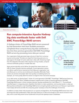 Executive summary
Run compute-intensive Apache Hadoop
big data workloads faster with Dell
EMC PowerEdge R640 servers
A Hadoop cluster of PowerEdge R640 servers powered
by 2nd Generation Intel Xeon Scalable processors
completed three compute-heavy big data workloads in
less time than previous-generation Dell EMC PowerEdge
R630 servers by processing more data per second
Your organization likely generates large volumes of data from numerous
sources continuously. This data can range from how long users are on a
web page to the length of routine sales team video calls. Extracting insight
from this disparate information often requires running complex, compute-
intensive workloads quickly on multiple data sets.
Aging servers typically cannot deliver the speed that newer servers can
offer for these compute-intensive workloads. Current-generation servers
can deliver a performance improvement that helps your organization now
and allows you to continue accumulating and using data effectively. Faster
servers can process and analyze data more quickly, so marketing teams, for
example, can more quickly determine whom to target for their next email campaign.
In our data center, an Apache Spark™
cluster of current-generation Dell EMC™
PowerEdge™
R640 servers featuring
2nd Generation Intel®
Xeon®
Scalable processors outperformed a cluster of previous-generation Dell EMC
PowerEdge R630 servers in three compute-intensive, big data workloads from Intel HiBench 7.1. The workloads
identified topics in a large document, classified information to make a prediction, and counted words in a data set.
Moving these workloads to new PowerEdge R640 servers and getting better performance can help your organization
meet today’s demands and offer the computing power necessary to face the challenges of tomorrow.
In addition to newer, faster Intel processors to run queries and algorithms, the PowerEdge R640 servers have more
drive bays than their predecessors. More drive bays allow you to add more storage to each server and store more
data, which could help prevent server bottlenecks and promote speedy access to databases.
Analyze more
data per second
Up to 112% greater
throughput while
analyzing words in
a large document
Identify topics
in documents
more quickly
Up to 52% less waiting
for document analysis
Run compute-intensive Apache Hadoop big data workloads faster with Dell EMC PowerEdge R640 servers November 2019
A Principled Technologies report: Hands-on testing. Real-world results.A Principled Technologies report: Hands-on testing. Real-world results.
 