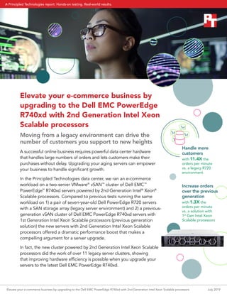 Elevate your e-commerce business by
upgrading to the Dell EMC PowerEdge
R740xd with 2nd Generation Intel Xeon
Scalable processors
Moving from a legacy environment can drive the
number of customers you support to new heights
A successful online business requires powerful data center hardware
that handles large numbers of orders and lets customers make their
purchases without delay. Upgrading your aging servers can empower
your business to handle significant growth.
In the Principled Technologies data center, we ran an e-commerce
workload on a two-server VMware®
vSAN™
cluster of Dell EMC™
PowerEdge™
R740xd servers powered by 2nd Generation Intel®
Xeon®
Scalable processors. Compared to previous tests running the same
workload on 1) a pair of seven-year-old Dell PowerEdge R720 servers
with a SAN storage array (legacy server environment) and 2) a previous-
generation vSAN cluster of Dell EMC PowerEdge R740xd servers with
1st Generation Intel Xeon Scalable processors (previous generation
solution) the new servers with 2nd Generation Intel Xeon Scalable
processors offered a dramatic performance boost that makes a
compelling argument for a server upgrade.
In fact, the new cluster powered by 2nd Generation Intel Xeon Scalable
processors did the work of over 11 legacy server clusters, showing
that improving hardware efficiency is possible when you upgrade your
servers to the latest Dell EMC PowerEdge R740xd.
Handle more
customers
with 11.4X the
orders per minute
vs. a legacy R720
environment
Increase orders
over the previous
generation
with 1.3X the
orders per minute
vs. a solution with
1st
Gen Intel Xeon
Scalable processors
Elevate your e-commerce business by upgrading to the Dell EMC PowerEdge R740xd with 2nd Generation Intel Xeon Scalable processors July 2019
A Principled Technologies report: Hands-on testing. Real-world results.
 