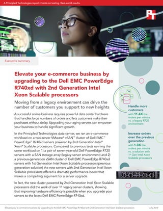 Elevate your e-commerce business by
upgrading to the Dell EMC PowerEdge
R740xd with 2nd Generation Intel
Xeon Scalable processors
Moving from a legacy environment can drive the
number of customers you support to new heights
A successful online business requires powerful data center hardware
that handles large numbers of orders and lets customers make their
purchases without delay. Upgrading your aging servers can empower
your business to handle significant growth.
In the Principled Technologies data center, we ran an e-commerce
workload on a two-server VMware®
vSAN™
cluster of Dell EMC™
PowerEdge™
R740xd servers powered by 2nd Generation Intel®
Xeon®
Scalable processors. Compared to previous tests running the
same workload on 1) a pair of seven-year-old Dell PowerEdge R720
servers with a SAN storage array (legacy server environment) and 2)
a previous-generation vSAN cluster of Dell EMC PowerEdge R740xd
servers with 1st Generation Intel Xeon Scalable processors (previous
generation solution) the new servers with 2nd Generation Intel Xeon
Scalable processors offered a dramatic performance boost that
makes a compelling argument for a server upgrade.
In fact, the new cluster powered by 2nd Generation Intel Xeon Scalable
processors did the work of over 11 legacy server clusters, showing
that improving hardware efficiency is possible when you upgrade your
servers to the latest Dell EMC PowerEdge R740xd.
Handle more
customers
with 11.4X the
orders per minute
vs. a legacy R720
environment
Increase orders
over the previous
generation
with 1.3X the
orders per minute
vs. a solution with
1st
Gen Intel Xeon
Scalable processors
Executive summary
Elevate your e-commerce business by upgrading to the Dell EMC PowerEdge R740xd with 2nd Generation Intel Xeon Scalable processors July 2019
A Principled Technologies report: Hands-on testing. Real-world results.A Principled Technologies report: Hands-on testing. Real-world results.
 
