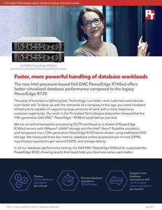 Faster, more powerful handling of database workloads	 July 2017
Faster, more powerful handling of database workloads
The new Intel processor-based Dell EMC PowerEdge R740xd offers
better virtualized database performance compared to the legacy
PowerEdge R720
The pace of business is lightning fast. Technology runs faster—and customers want service
even faster still. To keep up with the demands of a company in this age, you need hardware
infrastructure capable of supporting large amounts of work with a more responsive
customer experience. Our work in the Principled Technologies datacenter showed that the
14th generation Dell EMC™
PowerEdge™
R740xd could deliver just that.
We ran an online transaction processing (OLTP) workload on a cluster of PowerEdge
R740xd servers with VMware® vSAN® storage and the Intel® Xeon® Scalable processor,
and compared it to a 12th generation PowerEdge R720 server cluster using traditional HDD
storage. We measured three key metrics: database orders processed per minute (OPM),
input/output operations per second (IOPS), and storage latency.
In all our database performance testing, the Dell EMC PowerEdge R740xd far surpassed the
PowerEdge R720, showing results that could help your business serve users better.
Dell EMC PowerEdge R740xd
powered by the Intel Xeon Scalable processor
Process
8x the database
operations
per minute
Process database
operations
98.46% faster
Support more
database
transactions with
12x the input/
output operations
per second
A Principled Technologies report: Hands-on testing. Real-world results.
 