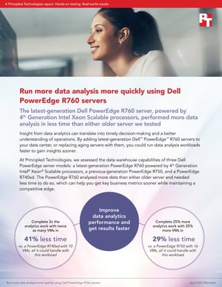 Run more data analysis more quickly using Dell
PowerEdge R760 servers
The latest-generation Dell PowerEdge R760 server, powered by
4th
Generation Intel Xeon Scalable processors, performed more data
analysis in less time than either older server we tested
Insight from data analytics can translate into timely decision-making and a better
understanding of operations. By adding latest-generation Dell™
PowerEdge™
R760 servers to
your data center, or replacing aging servers with them, you could run data analysis workloads
faster to gain insights sooner.
At Principled Technologies, we assessed the data warehouse capabilities of three Dell
PowerEdge server models: a latest-generation PowerEdge R760 powered by 4th
Generation
Intel®
Xeon®
Scalable processors, a previous-generation PowerEdge R750, and a PowerEdge
R740xd. The PowerEdge R760 analyzed more data than either older server and needed
less time to do so, which can help you get key business metrics sooner while maintaining a
competitive edge.
Improve
data analytics
performance and
get results faster
Complete 2x the
analytics work with twice
as many VMs in
41% less time
vs. a PowerEdge R740xd with 10
VMs, all it could handle with
this workload
Complete 25% more
analytics work with 25%
more VMs in
29% less time
vs. a PowerEdge R750 with 16
VMs, all it could handle with
this workload
Run more data analysis more quickly using Dell PowerEdge R760 servers April 2023 (Revised)
A Principled Technologies report: Hands-on testing. Real-world results.
 