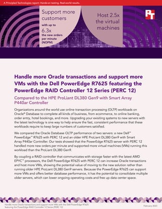 Support more
customers
with up to
6.3x
the new orders
per minute
(NOPM)
Host 2.5x
the virtual
machines
Handle more Oracle transactions and support more
VMs with the Dell PowerEdge R7625 featuring the
PowerEdge RAID Controller 12 Series (PERC 12)
Compared to the HPE ProLiant DL380 Gen9 with Smart Array
P440ar Controller
Organizations around the world use online transaction processing (OLTP) workloads on
Oracle®
Database to complete all kinds of business, from ecommerce, to online banking,
order entry, hotel bookings, and more. Upgrading your exisiting systems to new servers with
the latest technology is one way to help ensure the fast, consistent performance that these
workloads require to keep large numbers of customers satisfied.
We compared the Oracle Database OLTP performance of two servers: a new Dell™
PowerEdge™
R7625 with PERC 12 and an older HPE ProLiant DL380 Gen9 with Smart
Array P440ar Controller. Our tests showed that the PowerEdge R7625 server with PERC 12
handled more new orders per minute and supported more virtual machines (VMs) running this
workload than the ProLiant DL380 Gen9.
By coupling a RAID controller that communicates with storage faster with the latest AMD
EPYC™
processors, the Dell PowerEdge R7625 with PERC 12 can increase Oracle transactions
and host more VMs, showing the potential value of moving to the new solution rather than
running older HPE ProLiant DL380 Gen9 servers. Because the PowerEdge R7625 can support
more VMs and offers better database performance, it has the potential to consolidate multiple
older servers, which can lower ongoing operating costs and free up data center space.
February 2023
Handle more Oracle transactions and support more VMs with the Dell PowerEdge R7625
featuring the PowerEdge RAID Controller 12 Series (PERC 12)
A Principled Technologies report: Hands-on testing. Real-world results.
 