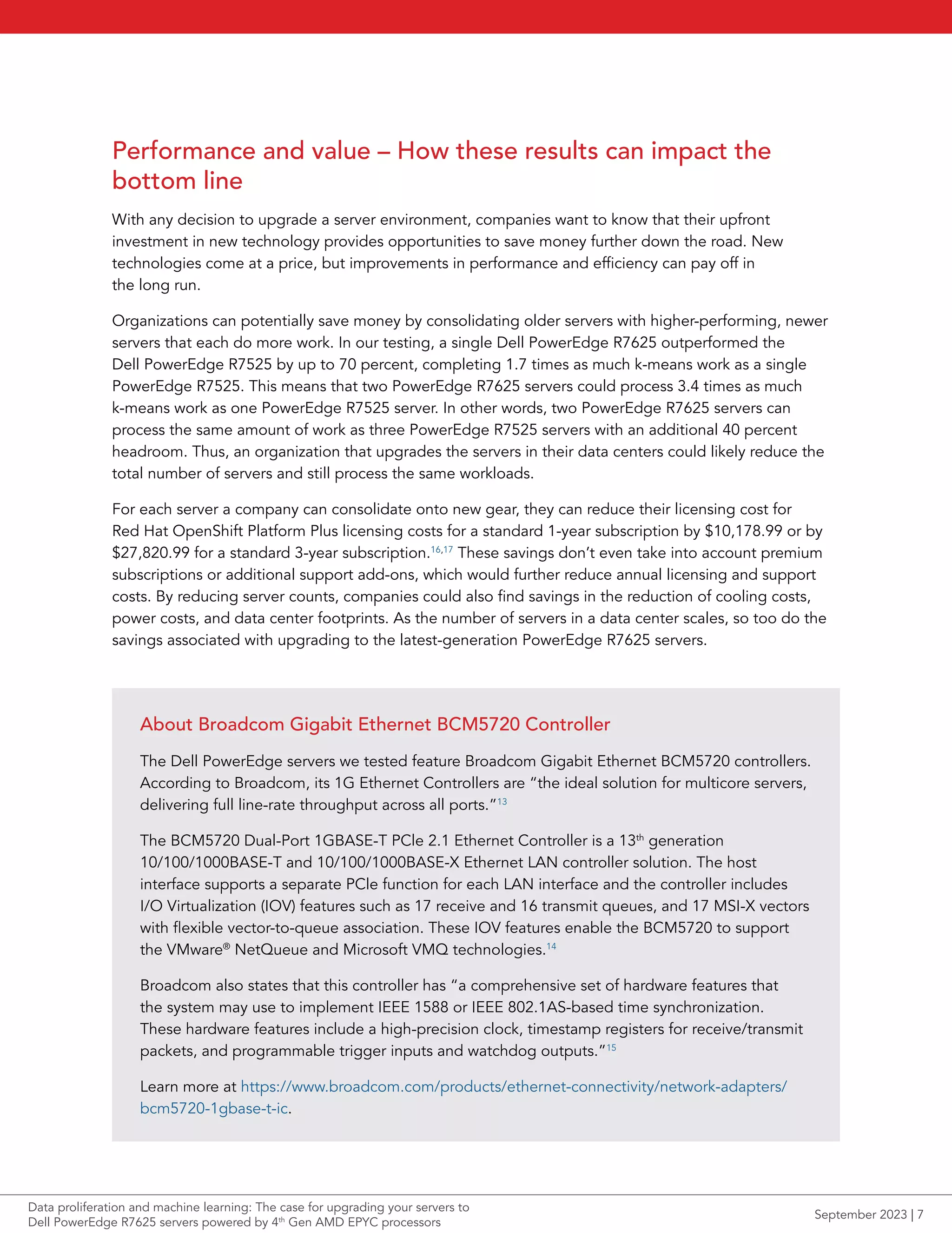 Performance and value – How these results can impact the
bottom line
With any decision to upgrade a server environment, companies want to know that their upfront
investment in new technology provides opportunities to save money further down the road. New
technologies come at a price, but improvements in performance and efficiency can pay off in
the long run.
Organizations can potentially save money by consolidating older servers with higher-performing, newer
servers that each do more work. In our testing, a single Dell PowerEdge R7625 outperformed the
Dell PowerEdge R7525 by up to 70 percent, completing 1.7 times as much k-means work as a single
PowerEdge R7525. This means that two PowerEdge R7625 servers could process 3.4 times as much
k-means work as one PowerEdge R7525 server. In other words, two PowerEdge R7625 servers can
process the same amount of work as three PowerEdge R7525 servers with an additional 40 percent
headroom. Thus, an organization that upgrades the servers in their data centers could likely reduce the
total number of servers and still process the same workloads.
For each server a company can consolidate onto new gear, they can reduce their licensing cost for
Red Hat OpenShift Platform Plus licensing costs for a standard 1-year subscription by $10,178.99 or by
$27,820.99 for a standard 3-year subscription.16,17
These savings don’t even take into account premium
subscriptions or additional support add-ons, which would further reduce annual licensing and support
costs. By reducing server counts, companies could also find savings in the reduction of cooling costs,
power costs, and data center footprints. As the number of servers in a data center scales, so too do the
savings associated with upgrading to the latest-generation PowerEdge R7625 servers.
About Broadcom Gigabit Ethernet BCM5720 Controller
The Dell PowerEdge servers we tested feature Broadcom Gigabit Ethernet BCM5720 controllers.
According to Broadcom, its 1G Ethernet Controllers are “the ideal solution for multicore servers,
delivering full line-rate throughput across all ports.”13
The BCM5720 Dual-Port 1GBASE-T PCle 2.1 Ethernet Controller is a 13th
generation
10/100/1000BASE-T and 10/100/1000BASE-X Ethernet LAN controller solution. The host
interface supports a separate PCle function for each LAN interface and the controller includes
I/O Virtualization (IOV) features such as 17 receive and 16 transmit queues, and 17 MSI-X vectors
with flexible vector-to-queue association. These IOV features enable the BCM5720 to support
the VMware®
NetQueue and Microsoft VMQ technologies.14
Broadcom also states that this controller has “a comprehensive set of hardware features that
the system may use to implement IEEE 1588 or IEEE 802.1AS-based time synchronization.
These hardware features include a high-precision clock, timestamp registers for receive/transmit
packets, and programmable trigger inputs and watchdog outputs.”15
Learn more at https://www.broadcom.com/products/ethernet-connectivity/network-adapters/
bcm5720-1gbase-t-ic.
Data proliferation and machine learning: The case for upgrading your servers to
Dell PowerEdge R7625 servers powered by 4th
Gen AMD EPYC processors
September 2023 | 7
 