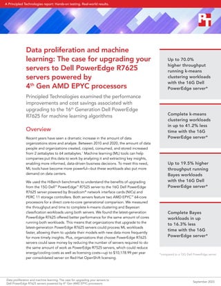 Data proliferation and machine
learning: The case for upgrading your
servers to Dell PowerEdge R7625
servers powered by
4th
Gen AMD EPYC processors
Principled Technologies examined the performance
improvements and cost savings associated with
upgrading to the 16th
Generation Dell PowerEdge
R7625 for machine learning algorithms
Overview
Recent years have seen a dramatic increase in the amount of data
organizations store and analyze. Between 2010 and 2020, the amount of data
people and organizations created, copied, consumed, and stored increased
from 2 zettabytes to 64 zettabytes.1
Machine learning (ML) tools can help
companies put this data to work by analyzing it and extracting key insights,
enabling more informed, data-driven business decisions. To meet this need,
ML tools have become more powerful—but these workloads also put more
demand on data centers.
We used the HiBench benchmark to understand the benefits of upgrading
from the 15G Dell™
PowerEdge™
R7525 server to the 16G Dell PowerEdge
R7625 server powered by Broadcom®
network interface cards (NICs) and
PERC 11 storage controllers. Both servers feature two AMD EPYC™
64-core
processors for a direct core-to-core generational comparison. We measured
the throughput and time to complete k-means clustering and Bayesian
classification workloads using both servers. We found the latest-generation
PowerEdge R7625 offered better performance for the same amount of cores
running both workloads. This means that organizations that upgrade to the
latest-generation PowerEdge R7625 servers could process ML workloads
faster, allowing them to update their models with new data more frequently
for more timely insights. Plus, organizations that choose PowerEdge R7625
servers could save money by reducing the number of servers required to do
the same amount of work as PowerEdge R7525 servers, which could reduce
energy/cooling costs as well as licensing costs—up to $10,178.99 per year
per consolidated server on Red Hat OpenShift licensing.
*compared to a 15G Dell PowerEdge server
Up to 70.0%
higher throughput
running k-means
clustering workloads
with the 16G Dell
PowerEdge server*
Complete k-means
clustering workloads
in up to 41.2% less
time with the 16G
PowerEdge server*
Up to 19.5% higher
throughput running
Bayes workloads
with the 16G Dell
PowerEdge server*
Complete Bayes
workloads in up
to 16.3% less
time with the 16G
PowerEdge server*
Data proliferation and machine learning: The case for upgrading your servers to
Dell PowerEdge R7625 servers powered by 4th
Gen AMD EPYC processors
September 2023
A Principled Technologies report: Hands-on testing. Real-world results.
 