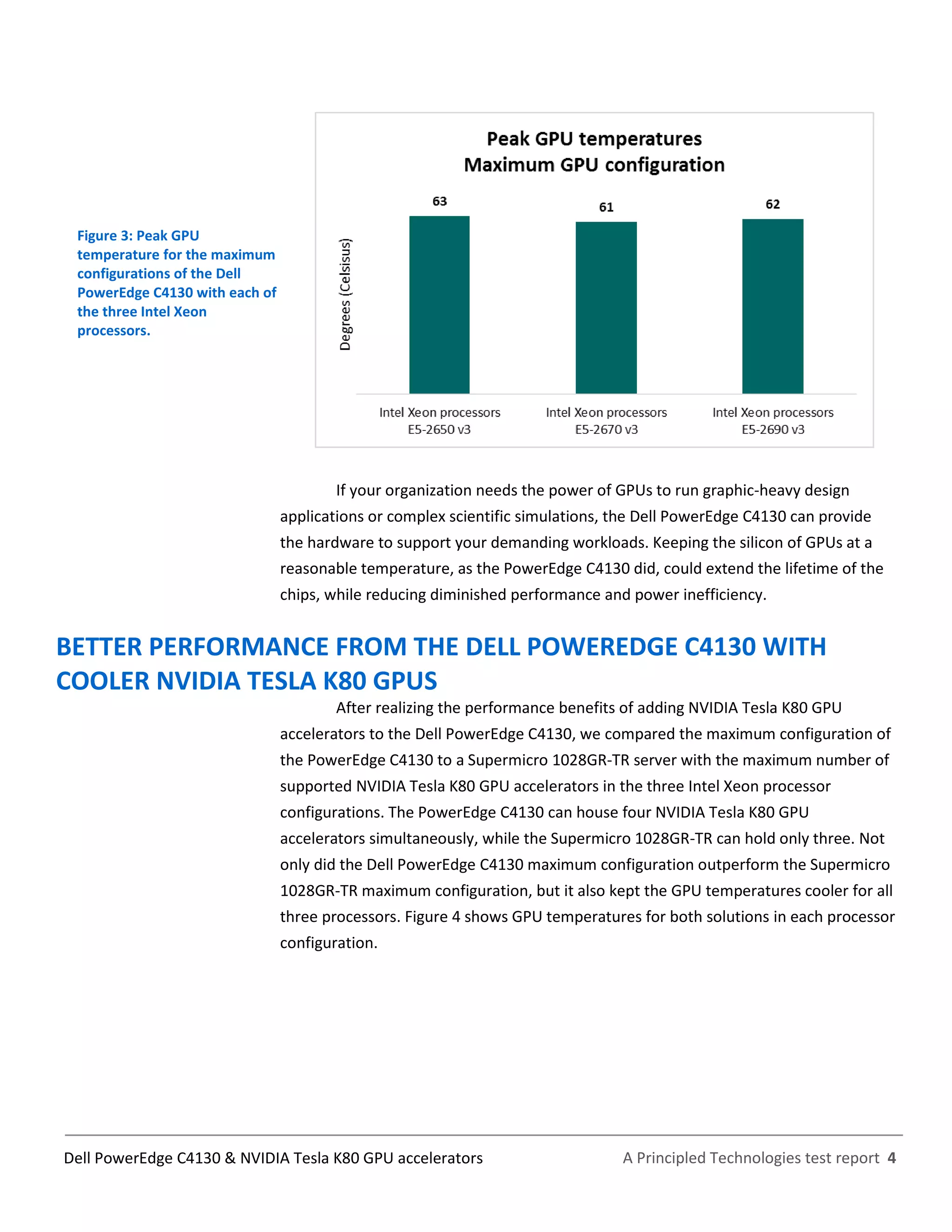 A Principled Technologies test report 4Dell PowerEdge C4130 & NVIDIA Tesla K80 GPU accelerators
Figure 3: Peak GPU
temperature for the maximum
configurations of the Dell
PowerEdge C4130 with each of
the three Intel Xeon
processors.
If your organization needs the power of GPUs to run graphic-heavy design
applications or complex scientific simulations, the Dell PowerEdge C4130 can provide
the hardware to support your demanding workloads. Keeping the silicon of GPUs at a
reasonable temperature, as the PowerEdge C4130 did, could extend the lifetime of the
chips, while reducing diminished performance and power inefficiency.
BETTER PERFORMANCE FROM THE DELL POWEREDGE C4130 WITH
COOLER NVIDIA TESLA K80 GPUS
After realizing the performance benefits of adding NVIDIA Tesla K80 GPU
accelerators to the Dell PowerEdge C4130, we compared the maximum configuration of
the PowerEdge C4130 to a Supermicro 1028GR-TR server with the maximum number of
supported NVIDIA Tesla K80 GPU accelerators in the three Intel Xeon processor
configurations. The PowerEdge C4130 can house four NVIDIA Tesla K80 GPU
accelerators simultaneously, while the Supermicro 1028GR-TR can hold only three. Not
only did the Dell PowerEdge C4130 maximum configuration outperform the Supermicro
1028GR-TR maximum configuration, but it also kept the GPU temperatures cooler for all
three processors. Figure 4 shows GPU temperatures for both solutions in each processor
configuration.
 