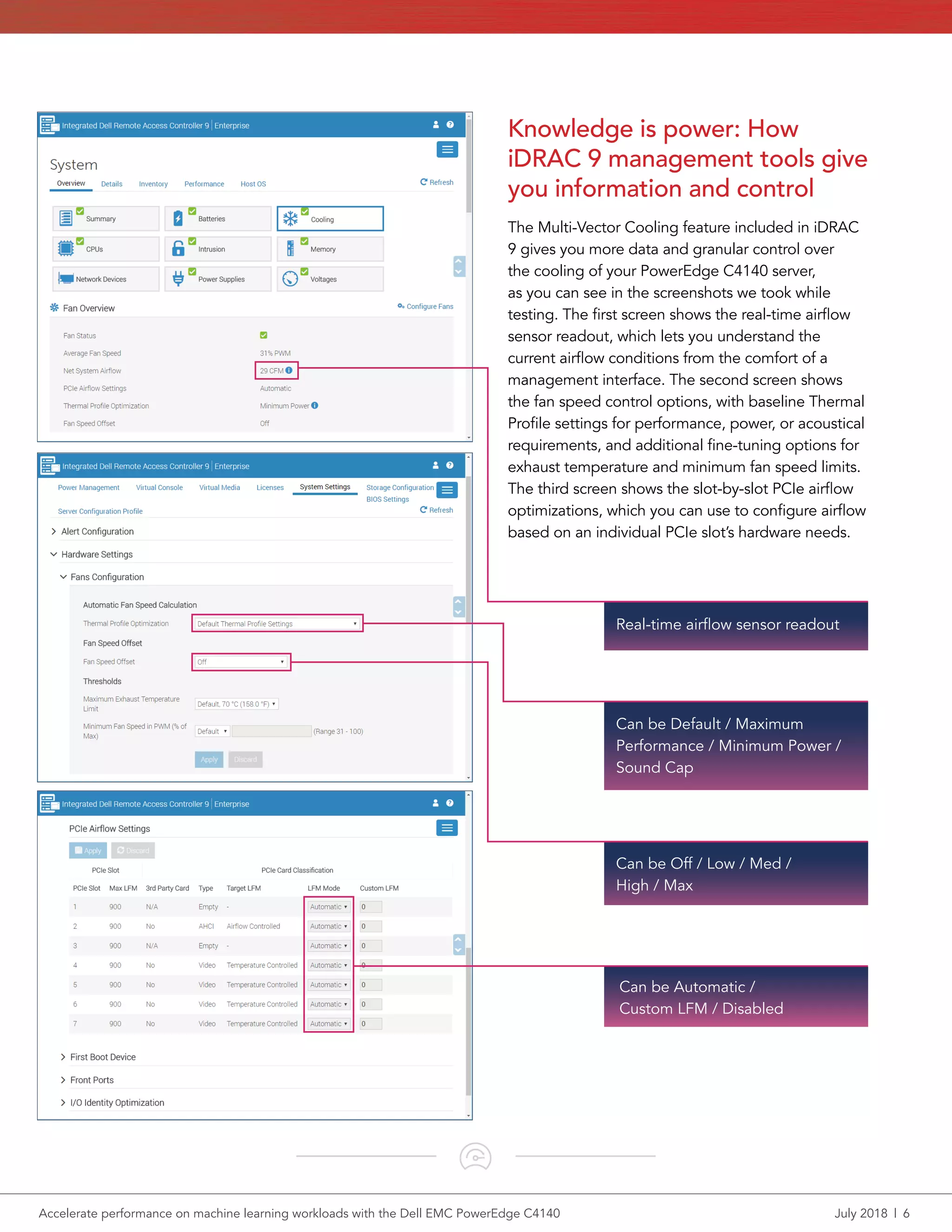 Accelerate performance on machine learning workloads with the Dell EMC PowerEdge C4140	 July 2018  |  6
Knowledge is power: How
iDRAC 9 management tools give
you information and control
The Multi-Vector Cooling feature included in iDRAC
9 gives you more data and granular control over
the cooling of your PowerEdge C4140 server,
as you can see in the screenshots we took while
testing. The first screen shows the real-time airflow
sensor readout, which lets you understand the
current airflow conditions from the comfort of a
management interface. The second screen shows
the fan speed control options, with baseline Thermal
Profile settings for performance, power, or acoustical
requirements, and additional fine-tuning options for
exhaust temperature and minimum fan speed limits.
The third screen shows the slot-by-slot PCIe airflow
optimizations, which you can use to configure airflow
based on an individual PCIe slot’s hardware needs.
Real-time airflow sensor readout
Can be Default / Maximum
Performance / Minimum Power /
Sound Cap
Can be Off / Low / Med /
High / Max
Can be Automatic /
Custom LFM / Disabled
 