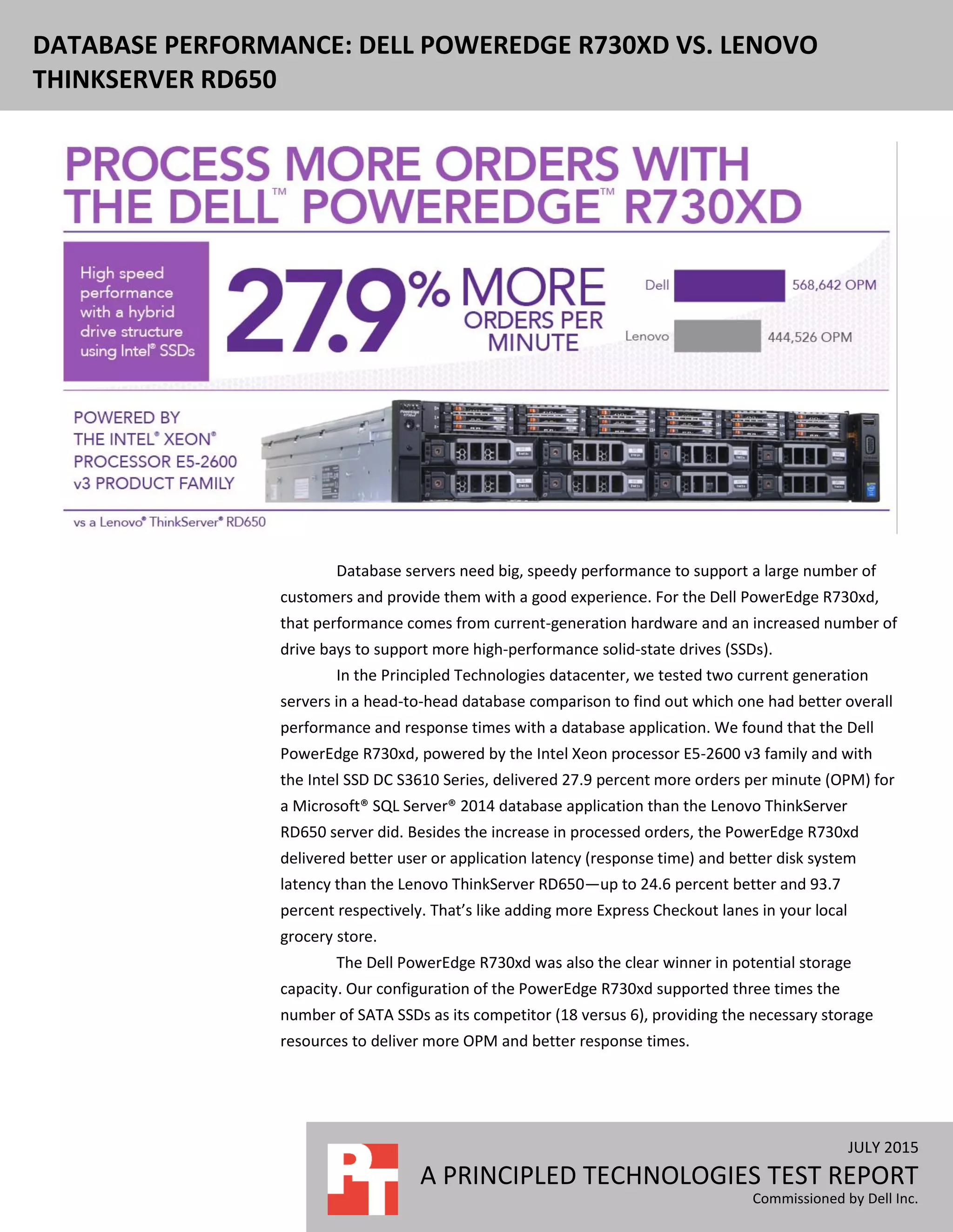 JULY 2015
A PRINCIPLED TECHNOLOGIES TEST REPORT
Commissioned by Dell Inc.
DATABASE PERFORMANCE: DELL POWEREDGE R730XD VS. LENOVO
THINKSERVER RD650
Database servers need big, speedy performance to support a large number of
customers and provide them with a good experience. For the Dell PowerEdge R730xd,
that performance comes from current-generation hardware and an increased number of
drive bays to support more high-performance solid-state drives (SSDs).
In the Principled Technologies datacenter, we tested two current generation
servers in a head-to-head database comparison to find out which one had better overall
performance and response times with a database application. We found that the Dell
PowerEdge R730xd, powered by the Intel Xeon processor E5-2600 v3 family and with
the Intel SSD DC S3610 Series, delivered 27.9 percent more orders per minute (OPM) for
a Microsoft® SQL Server® 2014 database application than the Lenovo ThinkServer
RD650 server did. Besides the increase in processed orders, the PowerEdge R730xd
delivered better user or application latency (response time) and better disk system
latency than the Lenovo ThinkServer RD650—up to 24.6 percent better and 93.7
percent respectively. That’s like adding more Express Checkout lanes in your local
grocery store.
The Dell PowerEdge R730xd was also the clear winner in potential storage
capacity. Our configuration of the PowerEdge R730xd supported three times the
number of SATA SSDs as its competitor (18 versus 6), providing the necessary storage
resources to deliver more OPM and better response times.
 