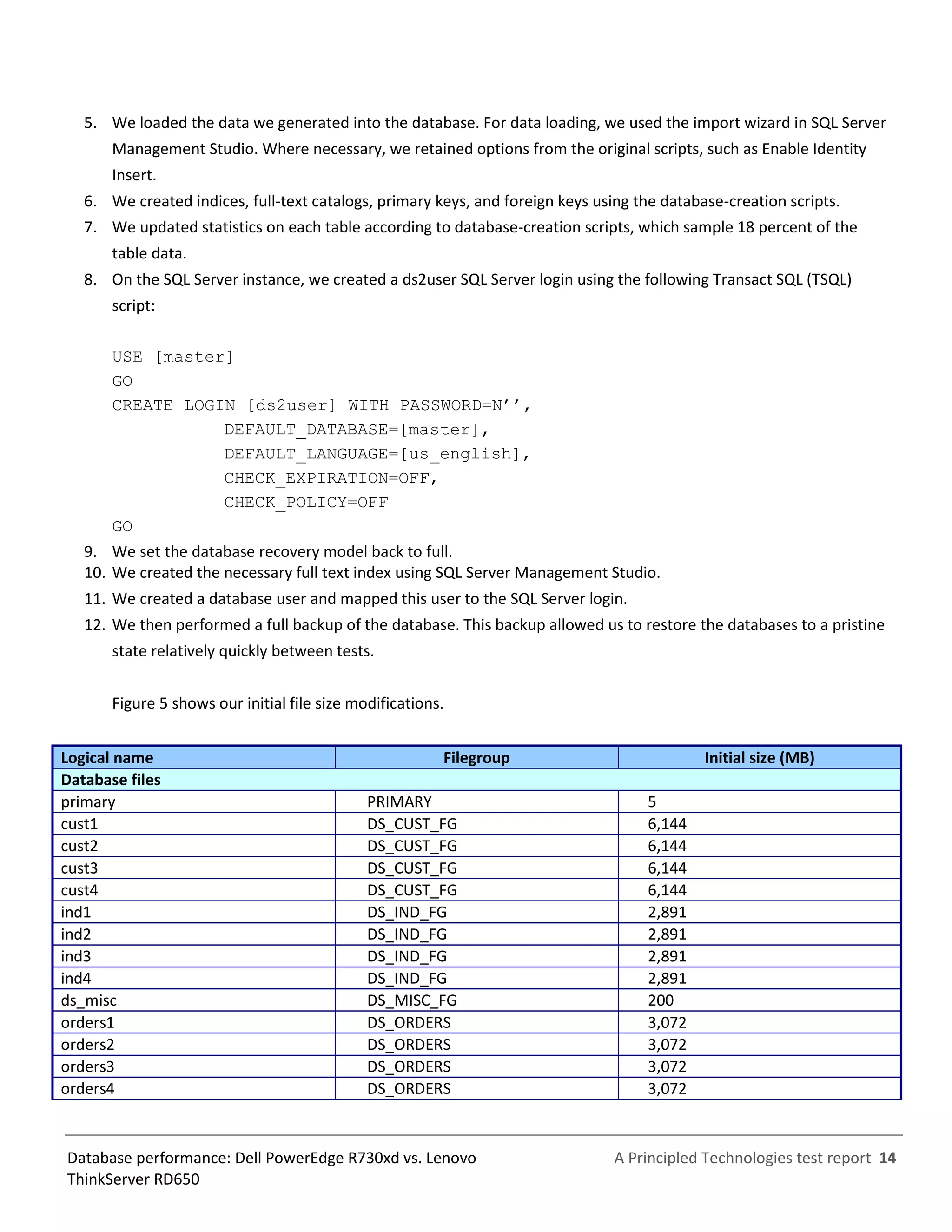 A Principled Technologies test report 14Database performance: Dell PowerEdge R730xd vs. Lenovo
ThinkServer RD650
5. We loaded the data we generated into the database. For data loading, we used the import wizard in SQL Server
Management Studio. Where necessary, we retained options from the original scripts, such as Enable Identity
Insert.
6. We created indices, full-text catalogs, primary keys, and foreign keys using the database-creation scripts.
7. We updated statistics on each table according to database-creation scripts, which sample 18 percent of the
table data.
8. On the SQL Server instance, we created a ds2user SQL Server login using the following Transact SQL (TSQL)
script:
USE [master]
GO
CREATE LOGIN [ds2user] WITH PASSWORD=N’’,
DEFAULT_DATABASE=[master],
DEFAULT_LANGUAGE=[us_english],
CHECK_EXPIRATION=OFF,
CHECK_POLICY=OFF
GO
9. We set the database recovery model back to full.
10. We created the necessary full text index using SQL Server Management Studio.
11. We created a database user and mapped this user to the SQL Server login.
12. We then performed a full backup of the database. This backup allowed us to restore the databases to a pristine
state relatively quickly between tests.
Figure 5 shows our initial file size modifications.
Logical name Filegroup Initial size (MB)
Database files
primary PRIMARY 5
cust1 DS_CUST_FG 6,144
cust2 DS_CUST_FG 6,144
cust3 DS_CUST_FG 6,144
cust4 DS_CUST_FG 6,144
ind1 DS_IND_FG 2,891
ind2 DS_IND_FG 2,891
ind3 DS_IND_FG 2,891
ind4 DS_IND_FG 2,891
ds_misc DS_MISC_FG 200
orders1 DS_ORDERS 3,072
orders2 DS_ORDERS 3,072
orders3 DS_ORDERS 3,072
orders4 DS_ORDERS 3,072
 