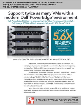 JULY 2016
A PRINCIPLED TECHNOLOGIES TEST REPORT
Commissioned by Dell, Inc.
SQL SERVER 2016 DATABASE PERFORMANCE ON THE DELL POWEREDGE R830
WITH QLOGIC 16G FIBRE CHANNEL WITH STORFUSION TECHNOLOGY
AND DELL STORAGE SC9000 ALL-FLASH ARRAY
In April 2016, Microsoft discontinued extended support for SQL Server 2005,
prompting many companies to migrate to a newer version. If your company is planning
to migrate from SQL Server 2005 to a newer version, it’s a great time to upgrade your
hardware to get the most out of the new software.
In the Principled Technologies datacenter, we ran SQL Server 2016 in a modern
Dell environment—a PowerEdge R830 server, powered by Intel Xeon E5-4650 v4
processors; QLogic® QLE2692 16Gb Fibre Channel (FC) adapter with StorFusion
Technology; and Dell SC9000 all-flash storage. We found that this configuration did
more than five times the database work of an older Dell PowerEdge R820 server with
legacy HDD SAN storage running SQL Server 2005, while delivering a storage response
time of less than 1 millisecond.
When you can use fewer servers to run your SQL Server workloads at equal or
higher levels of database performance, you boost your datacenter efficiency, which can
translate to savings.
 
