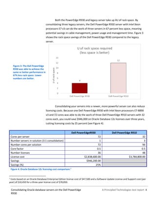 A Principled Technologies test report 4Consolidating Oracle database servers on the Dell PowerEdge
R930
Both the PowerEdge R930 and legacy server take up 4U of rack space. By
consolidating three legacy servers, the Dell PowerEdge R930 server with Intel Xeon
processors E7 v3 can do the work of three servers in 67 percent less space, meaning
potential savings in cable management, power usage and management time. Figure 3
shows the rack space savings of the Dell PowerEdge R930 compared to the legacy
server.
Figure 3: The Dell PowerEdge
R930 was able to achieve the
same or better performance in
67% less rack space. Lower
numbers are better.
Consolidating your servers into a newer, more powerful server can also reduce
licensing costs. Because one Dell PowerEdge R930 with Intel Xeon processors E7-8890
v3 and 72 cores was able to do the work of three Dell PowerEdge R910 servers with 32
cores each, you could save $946,000 on Oracle Database 12c licenses over three years,
cutting licensing costs by 25 percent (see Figure 4).
Dell PowerEdgeR930 Dell PowerEdge R910
Cores per server 72 32
Number servers in solution (3:1 consolidation) 1 3
Number cores per solution 72 96
Core factor 0.5 0.5
Number licenses 36 48
License cost $2,838,600.00 $3,784,800.00
Savings $946,200.00
Savings (%) 25%
Figure 4: Oracle Database 12c licensing cost comparison.1
1
Costs based on an Oracle Database Enterprise Edition license cost of $47,500 and a Software Update License and Support cost (per
year) of $10,450 for a three-year license cost of $78,850.
 