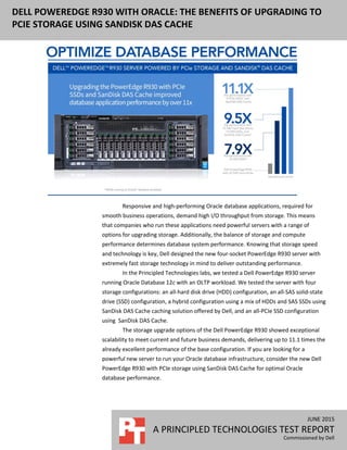  
	
  
JUNE	
  2015	
  (Revised)	
  
A	
  PRINCIPLED	
  TECHNOLOGIES	
  TEST	
  REPORT	
  
Commissioned	
  by	
  Dell	
  
DELL  POWEREDGE  R930  WITH  ORACLE:  THE  BENEFITS  OF  UPGRADING  TO  
PCIE  STORAGE  USING  SANDISK  DAS  CACHE    
	
  
	
  
	
  
	
  
	
  
	
  
	
  
	
  
	
  
	
  
	
  
	
  
	
  
	
  
	
  
	
  
	
  
	
  
	
  
	
  
Responsive	
  and	
  high-­‐performing	
  Oracle	
  database	
  applications,	
  required	
  for	
  
smooth	
  business	
  operations,	
  demand	
  high	
  I/O	
  throughput	
  from	
  storage.	
  This	
  means	
  
that	
  companies	
  who	
  run	
  these	
  applications	
  need	
  powerful	
  servers	
  with	
  a	
  range	
  of	
  
options	
  for	
  upgrading	
  storage.	
  Additionally,	
  the	
  balance	
  of	
  storage	
  and	
  compute	
  
performance	
  determines	
  database	
  system	
  performance.	
  Knowing	
  that	
  storage	
  speed	
  
and	
  technology	
  is	
  key,	
  Dell	
  designed	
  the	
  new	
  four-­‐socket	
  PowerEdge	
  R930	
  server	
  with	
  
extremely	
  fast	
  storage	
  technology	
  in	
  mind	
  to	
  deliver	
  outstanding	
  performance.	
  
In	
  the	
  Principled	
  Technologies	
  labs,	
  we	
  tested	
  a	
  Dell	
  PowerEdge	
  R930	
  server	
  
running	
  Oracle	
  Database	
  12c	
  with	
  an	
  OLTP	
  workload.	
  We	
  tested	
  the	
  server	
  with	
  three	
  
storage	
  configurations:	
  an	
  all-­‐hard	
  disk	
  drive	
  (HDD)	
  configuration,	
  a	
  hybrid	
  configuration	
  
using	
  a	
  mix	
  of	
  HDDs	
  and	
  SAS	
  SSDs	
  using	
  SanDisk	
  DAS	
  Cache	
  caching	
  solution	
  offered	
  by	
  
Dell,	
  and	
  an	
  all-­‐PCIe	
  SSD	
  configuration	
  using	
  	
  SanDisk	
  DAS	
  Cache.	
  
The	
  storage	
  upgrade	
  options	
  of	
  the	
  Dell	
  PowerEdge	
  R930	
  showed	
  exceptional	
  
scalability	
  to	
  meet	
  current	
  and	
  future	
  business	
  demands,	
  delivering	
  up	
  to	
  11.1	
  times	
  the	
  
already	
  excellent	
  performance	
  of	
  the	
  base	
  configuration.	
  If	
  you	
  are	
  looking	
  for	
  a	
  
powerful	
  new	
  server	
  to	
  run	
  your	
  Oracle	
  database	
  infrastructure,	
  consider	
  the	
  new	
  Dell	
  
PowerEdge	
  R930	
  with	
  PCIe	
  storage	
  using	
  SanDisk	
  DAS	
  Cache	
  for	
  optimal	
  Oracle	
  
database	
  performance.	
  
 
