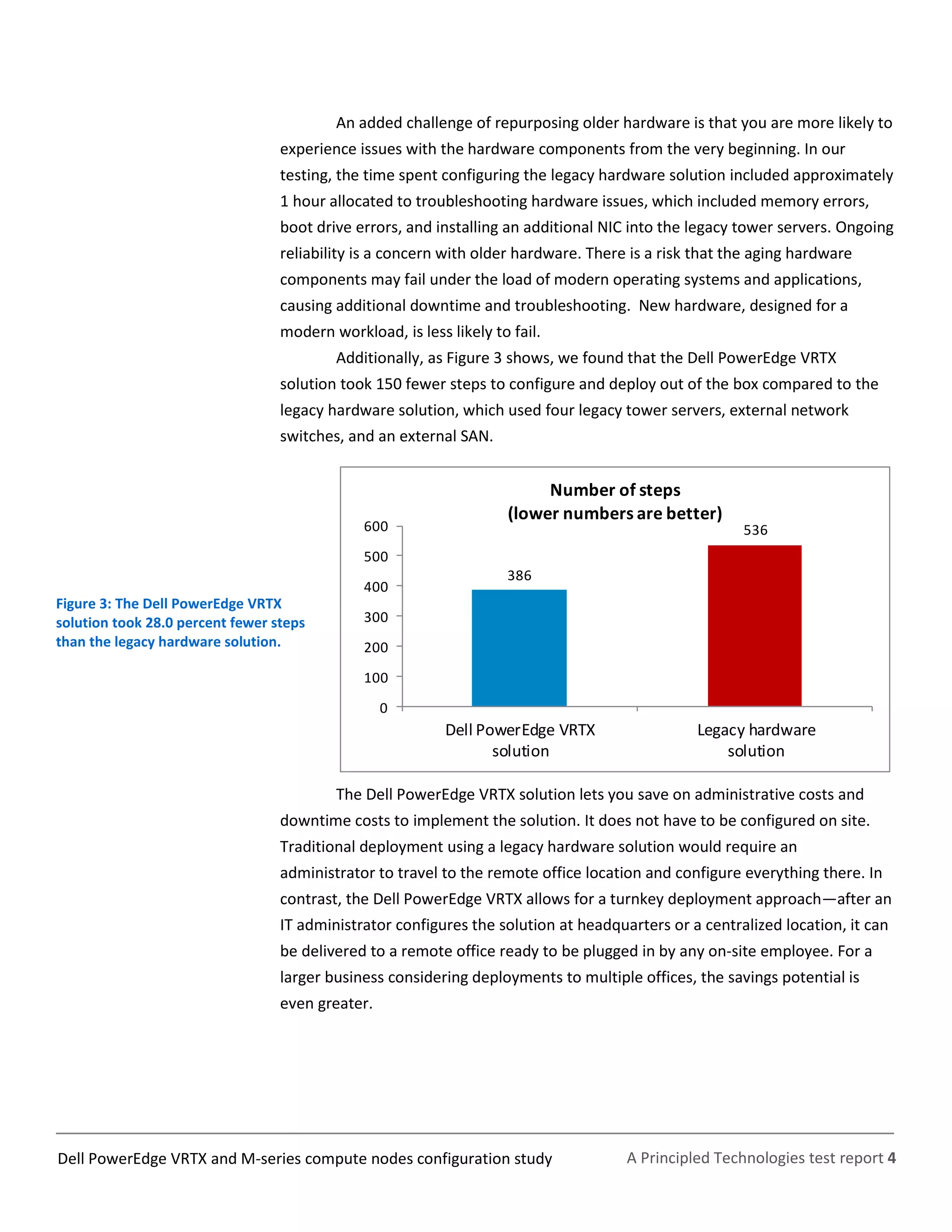 A Principled Technologies test report 4Dell PowerEdge VRTX and M-series compute nodes configuration study
An added challenge of repurposing older hardware is that you are more likely to
experience issues with the hardware components from the very beginning. In our
testing, the time spent configuring the legacy hardware solution included approximately
1 hour allocated to troubleshooting hardware issues, which included memory errors,
boot drive errors, and installing an additional NIC into the legacy tower servers. Ongoing
reliability is a concern with older hardware. There is a risk that the aging hardware
components may fail under the load of modern operating systems and applications,
causing additional downtime and troubleshooting. New hardware, designed for a
modern workload, is less likely to fail.
Additionally, as Figure 3 shows, we found that the Dell PowerEdge VRTX
solution took 150 fewer steps to configure and deploy out of the box compared to the
legacy hardware solution, which used four legacy tower servers, external network
switches, and an external SAN.
Figure 3: The Dell PowerEdge VRTX
solution took 28.0 percent fewer steps
than the legacy hardware solution.
386
536
0
100
200
300
400
500
600
Dell PowerEdge VRTX
solution
Legacy hardware
solution
Number of steps
(lower numbers are better)
The Dell PowerEdge VRTX solution lets you save on administrative costs and
downtime costs to implement the solution. It does not have to be configured on site.
Traditional deployment using a legacy hardware solution would require an
administrator to travel to the remote office location and configure everything there. In
contrast, the Dell PowerEdge VRTX allows for a turnkey deployment approach—after an
IT administrator configures the solution at headquarters or a centralized location, it can
be delivered to a remote office ready to be plugged in by any on-site employee. For a
larger business considering deployments to multiple offices, the savings potential is
even greater.
 