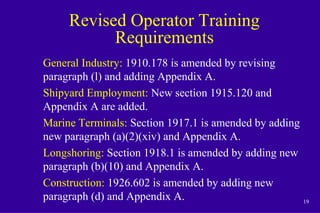 19
Revised Operator Training
Requirements
General Industry: 1910.178 is amended by revising
paragraph (l) and adding Appendix A.
Shipyard Employment: New section 1915.120 and
Appendix A are added.
Marine Terminals: Section 1917.1 is amended by adding
new paragraph (a)(2)(xiv) and Appendix A.
Longshoring: Section 1918.1 is amended by adding new
paragraph (b)(10) and Appendix A.
Construction: 1926.602 is amended by adding new
paragraph (d) and Appendix A.
 