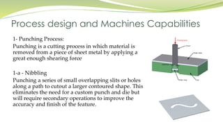 1- Punching Process:
Punching is a cutting process in which material is
removed from a piece of sheet metal by applying a
great enough shearing force
1-a - Nibbling
Punching a series of small overlapping slits or holes
along a path to cutout a larger contoured shape. This
eliminates the need for a custom punch and die but
will require secondary operations to improve the
accuracy and finish of the feature.
Process design and Machines Capabilities
 