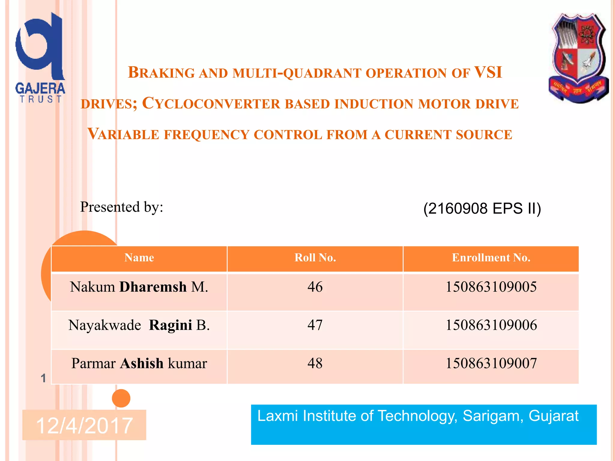 Braking and multiquadrant operation of VSI drives,Cycloconverter based