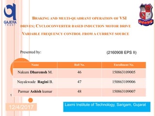 BRAKING AND MULTI-QUADRANT OPERATION OF VSI
DRIVES; CYCLOCONVERTER BASED INDUCTION MOTOR DRIVE
VARIABLE FREQUENCY CONTROL FROM A CURRENT SOURCE
12/4/2017
1
Presented by:
Name Roll No. Enrollment No.
Nakum Dharemsh M. 46 150863109005
Nayakwade Ragini B. 47 150863109006
Parmar Ashish kumar 48 150863109007
(2160908 EPS II)
Laxmi Institute of Technology, Sarigam, Gujarat
 