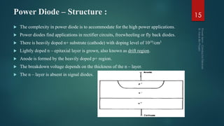 Power Diode – Structure :
 The complexity in power diode is to accommodate for the high power applications.
 Power diodes find applications in rectifier circuits, freewheeling or fly back diodes.
 There is heavily doped n+ substrate (cathode) with doping level of 1019/cm3
 Lightly doped n – epitaxial layer is grown, also known as drift region.
 Anode is formed by the heavily doped p+ region.
 The breakdown voltage depends on the thickness of the n – layer.
 The n – layer is absent in signal diodes.
15
 