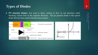 Types of Diodes
 PN Junction Diodes: Are used to allow current to flow in one direction while
blocking current flow in the opposite direction. The pn junction diode is the typical
diode that has been used in the previous circuits.
9
 