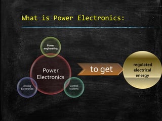 What is Power Electronics:
Power
Electronics
Power
engineering
Control
systems
Analog
Electronics
to get
regulated
electrical
energy
 