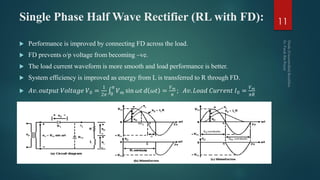 Single Phase Half Wave Rectifier (RL with FD):
 Performance is improved by connecting FD across the load.
 FD prevents o/p voltage from becoming –ve.
 The load current waveform is more smooth and load performance is better.
 System efficiency is improved as energy from L is transferred to R through FD.
 𝐴𝑣. 𝑜𝑢𝑡𝑝𝑢𝑡 𝑉𝑜𝑙𝑡𝑎𝑔𝑒 𝑉0 =
1
2𝜋 0
𝜋
𝑉 𝑚 sin 𝜔𝑡 𝑑 𝜔𝑡 =
𝑉 𝑚
𝜋
; 𝐴𝑣. 𝐿𝑜𝑎𝑑 𝐶𝑢𝑟𝑟𝑒𝑛𝑡 𝐼0 =
𝑉 𝑚
𝜋𝑅
11
 
