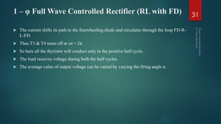 1 – φ Full Wave Controlled Rectifier (RL with FD)
 The current shifts its path to the freewheeling diode and circulates through the loop FD-R-
L-FD.
 Thus T3 & T4 turns off at ωt = 2π
 So here all the thyristor will conduct only in the positive half cycle.
 The load receives voltage during both the half cycles.
 The average value of output voltage can be varied by varying the firing angle α.
31
 