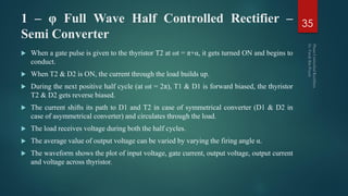 1 – φ Full Wave Half Controlled Rectifier –
Semi Converter
 When a gate pulse is given to the thyristor T2 at ωt = π+α, it gets turned ON and begins to
conduct.
 When T2 & D2 is ON, the current through the load builds up.
 During the next positive half cycle (at ωt = 2π), T1 & D1 is forward biased, the thyristor
T2 & D2 gets reverse biased.
 The current shifts its path to D1 and T2 in case of symmetrical converter (D1 & D2 in
case of asymmetrical converter) and circulates through the load.
 The load receives voltage during both the half cycles.
 The average value of output voltage can be varied by varying the firing angle α.
 The waveform shows the plot of input voltage, gate current, output voltage, output current
and voltage across thyristor.
35
 
