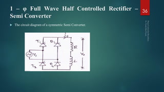 1 – φ Full Wave Half Controlled Rectifier –
Semi Converter
 The circuit diagram of a symmetric Semi Converter.
36
 