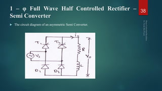 1 – φ Full Wave Half Controlled Rectifier –
Semi Converter
 The circuit diagram of an asymmetric Semi Converter.
38
 