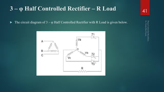 3 – φ Half Controlled Rectifier – R Load
 The circuit diagram of 3 – φ Half Controlled Rectifier with R Load is given below.
41
 