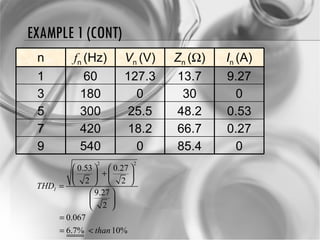 EXAMPLE 1 (CONT) n f n  (Hz) V n  (V) Z n  (  ) I n  (A) 1 60 127.3 13.7 9.27 3 180 0 30 0 5 300 25.5 48.2 0.53 7 420 18.2 66.7 0.27 9 540 0 85.4 0 