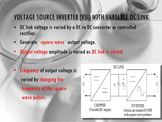 VOLTAGE SOURCE INVERTER (VSI) WITH VARIABLE DC LINK DC link voltage is varied by a DC-to DC converter or controlled rectifier. Generate  “ square wave ”  output voltage. Output voltage  amplitude is varied as  DC link is varied . Frequency  of output voltage is varied by  changing the  frequency of   the square  wave pulses . 