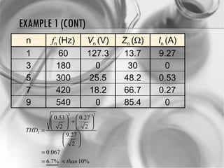 EXAMPLE 1 (CONT) n f n  (Hz) V n  (V) Z n  (  ) I n  (A) 1 60 127.3 13.7 9.27 3 180 0 30 0 5 300 25.5 48.2 0.53 7 420 18.2 66.7 0.27 9 540 0 85.4 0 