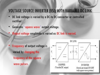 VOLTAGE SOURCE INVERTER (VSI) WITH VARIABLE DC LINK DC link voltage is varied by a DC-to DC converter or controlled rectifier. Generate  “ square wave ”  output voltage. Output voltage  amplitude is varied as  DC link is varied . Frequency  of output voltage is varied by  changing the  frequency of   the square  wave pulses . 