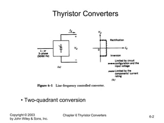 Copyright © 2003
by John Wiley & Sons, Inc.
Chapter 6 Thyristor Converters 6-2
Thyristor Converters
• Two-quadrant conversion
 