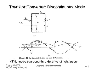 Copyright © 2003
by John Wiley & Sons, Inc.
Chapter 6 Thyristor Converters 6-12
Thyristor Converter: Discontinuous Mode
• This mode can occur in a dc-drive at light loads
 