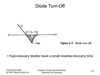 Copyright © 2003
by John Wiley & Sons, Inc.
Chapter 2 Power Semiconductor
Switches: An Overview
2-3
Diode Turn-Off
• Fast-recovery diodes have a small reverse-recovery time
 