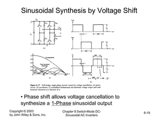 Copyright © 2003
by John Wiley & Sons, Inc.
Chapter 8 Switch-Mode DC-
Sinusoidal AC Inverters
8-19
Sinusoidal Synthesis by Voltage Shift
• Phase shift allows voltage cancellation to
synthesize a 1-Phase sinusoidal output
 